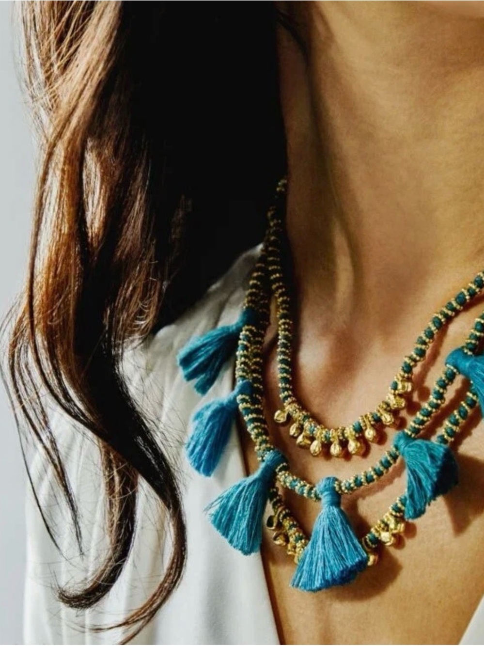 Anthropologie Teal and Gold Layered Tassel Necklace